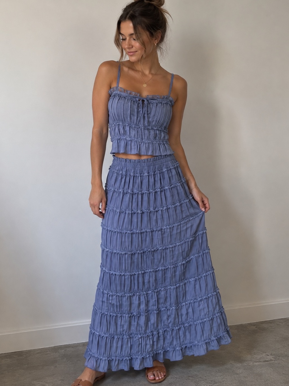 Thirty Thirty Blue Cottagecore Fairycore Ruffle Boho Maxi Skirt Set XS Coquette